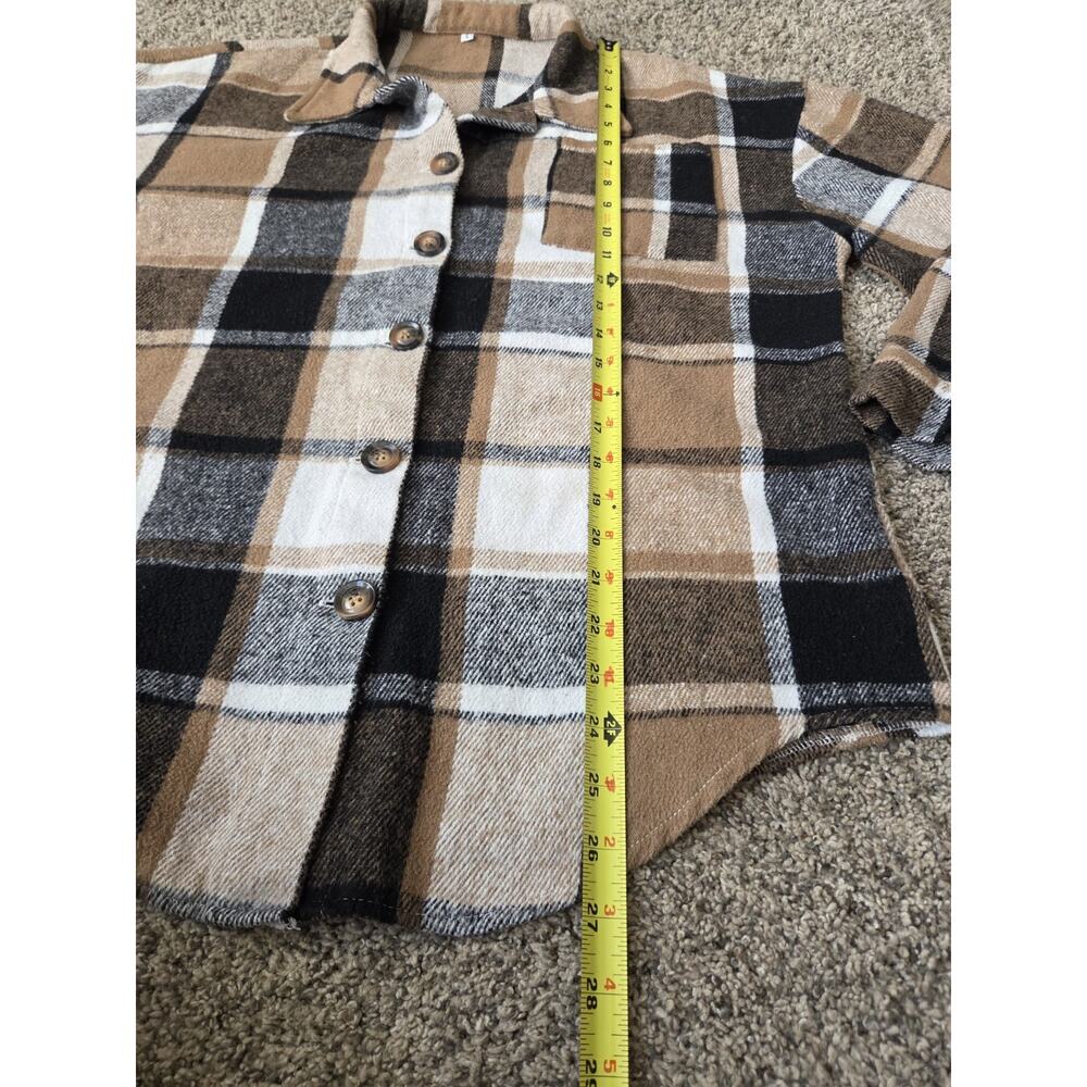 Brown Plaid Flannel Shacket Button Down Drop Shoulder Oversized Shirt Size L - Picture 6 of 8